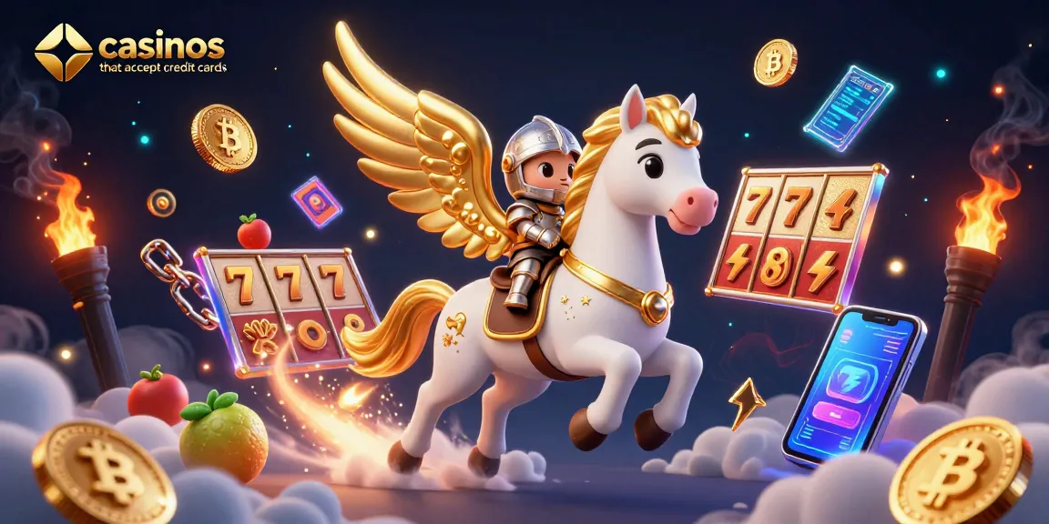 Engage with vibrant casinos that accept credit cards featuring a celestial horse and knight amidst slot reels and coins.