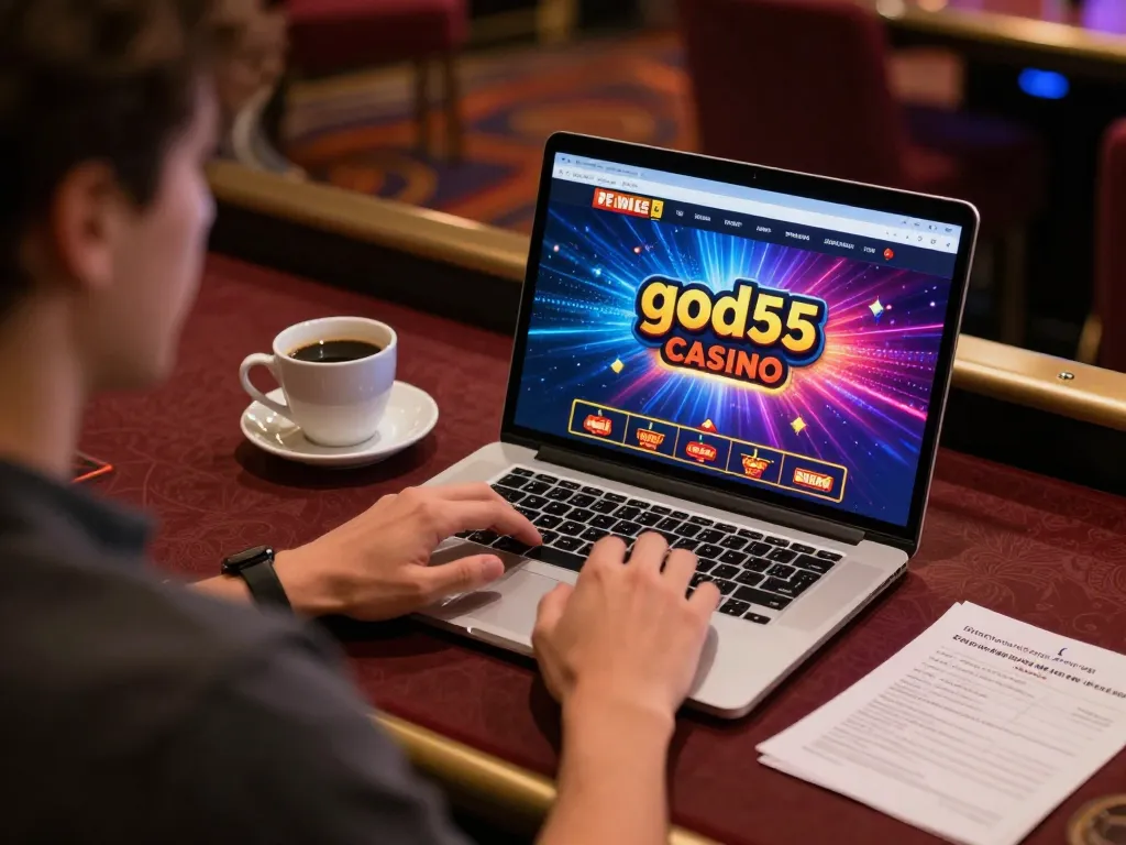 Engaging with god55 casino online gameplay on a laptop, showcasing strategic decision-making.