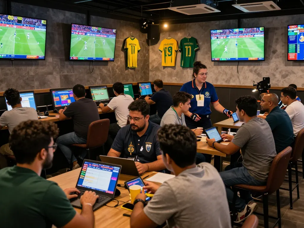 Kebet sports bettors analyzing odds and placing wagers in a vibrant betting lounge atmosphere.