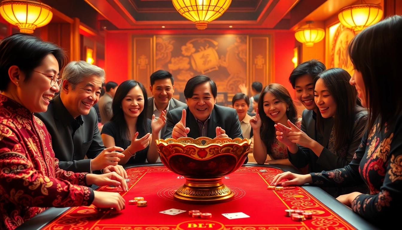 Xóc đĩa game setup with colorful tokens and excited players in a lively casino atmosphere.