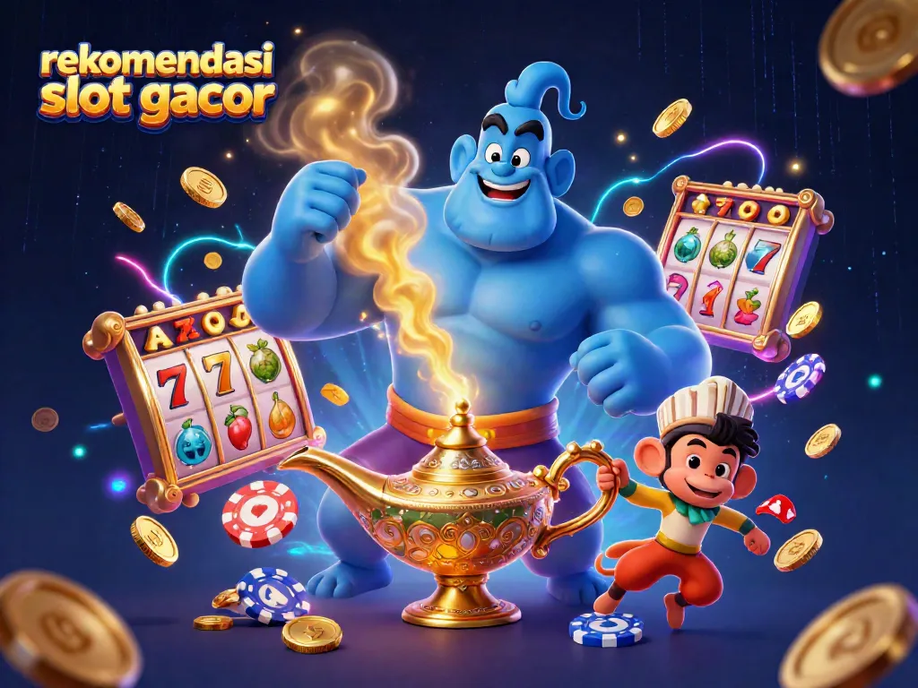 Slot gacor yang menarik, menampilkan karakter genie dan simbol slot yang menggoda.