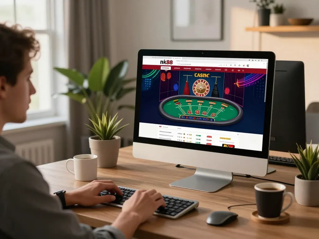 Player engaged with nk88 casino games on a desktop, showcasing thrilling online betting experience.