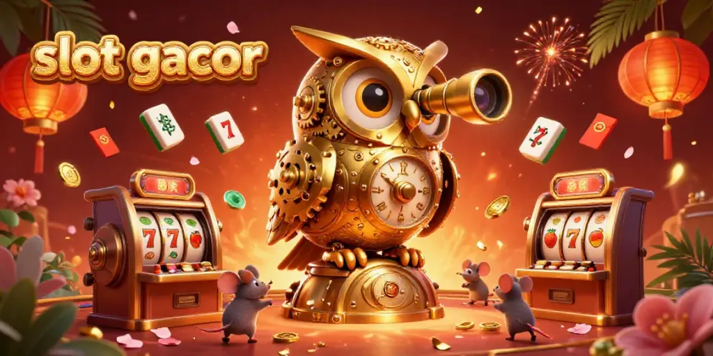 Experience the thrill of slot gacor with a vibrant casino scene featuring an owl and animated mice.