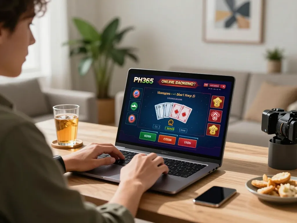 PH365 user engaging in online live casino gameplay with immersive interface and modern decor