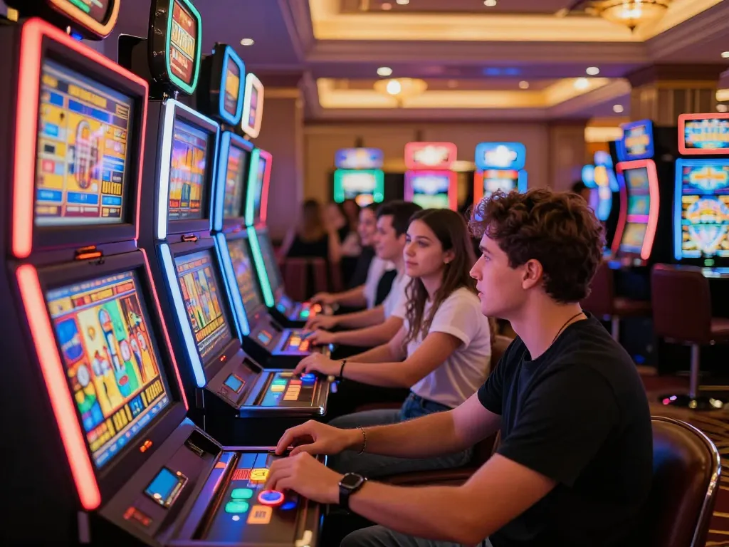 Players engaging with flashy slot machines in vibrant dh88 casino atmosphere