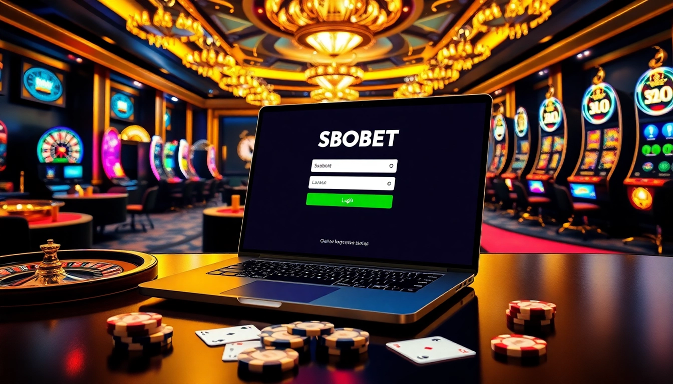 Simplify your experience with sbobet login indonesia on an elegant online gambling interface amidst a vibrant casino ambiance.