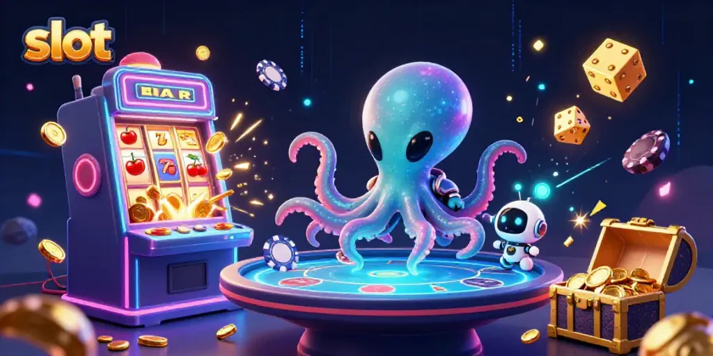 Experience thrilling slots with a vibrant octopus and robot in a dynamic casino setting.