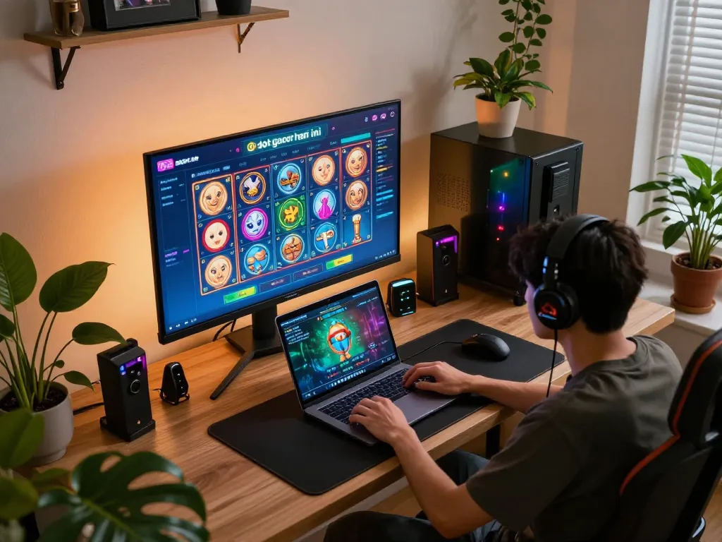 Engaging in slot gacor hari ini gameplay on a laptop in a stylish home office setting.