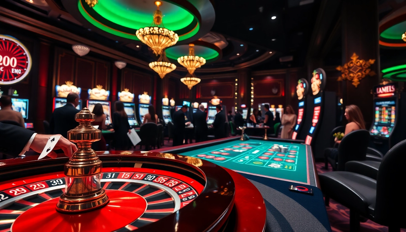 Excited gamblers enjoying an upscale f8beta2 casino experience with roulette and slots.