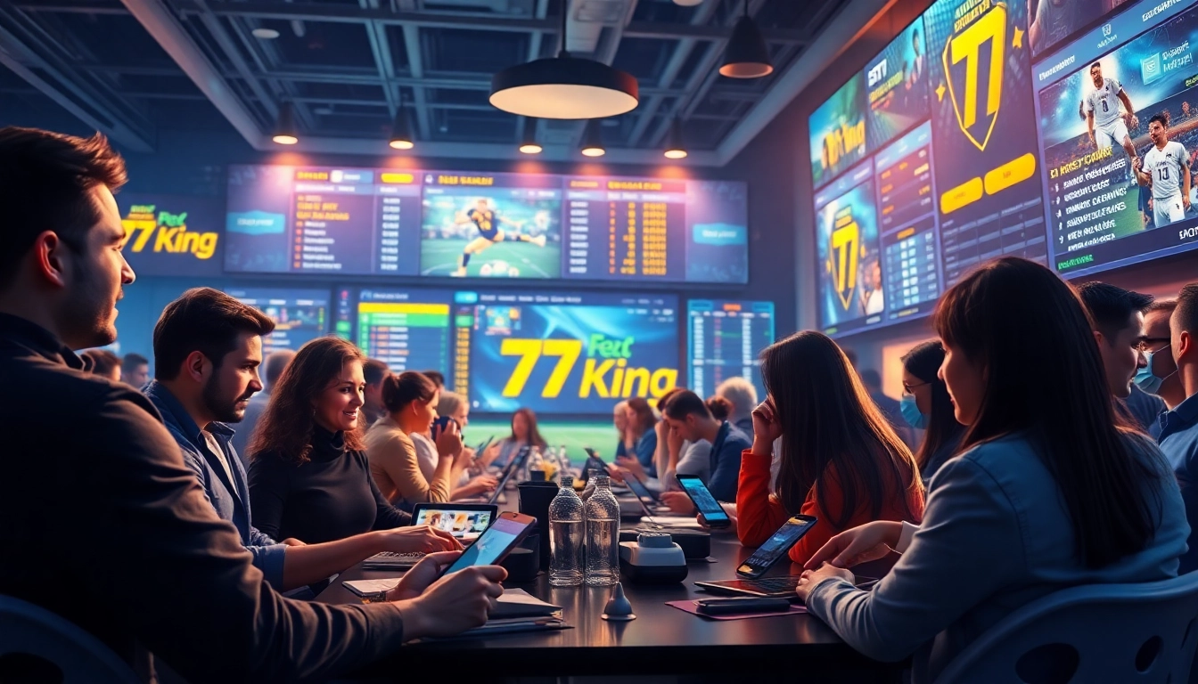 Engaging scene of diverse players enjoying betting on the 79king platform, showcasing excitement and modern digital interfaces.