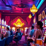 Main scene of Slot Game dengan pemain yang bersemangat di kasino yang ramai.