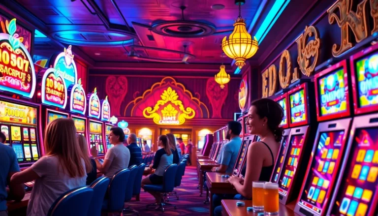 Main scene of Slot Game dengan pemain yang bersemangat di kasino yang ramai.