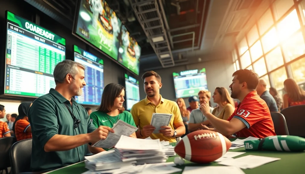Engage in Sports Betting at a vibrant sportsbook with bettors analyzing odds and statistics.