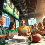 Engage in Sports Betting at a vibrant sportsbook with bettors analyzing odds and statistics.
