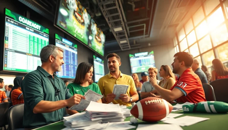 Engage in Sports Betting at a vibrant sportsbook with bettors analyzing odds and statistics.
