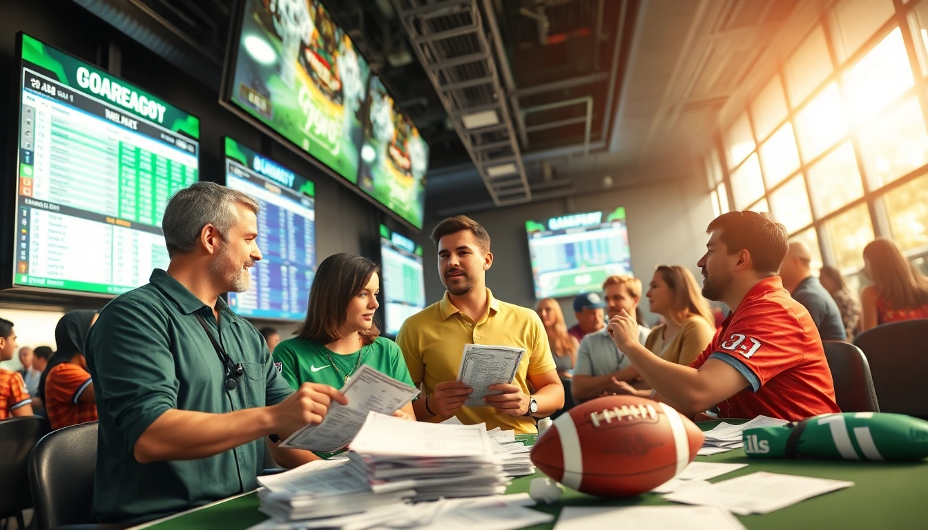 Engage in Sports Betting at a vibrant sportsbook with bettors analyzing odds and statistics.