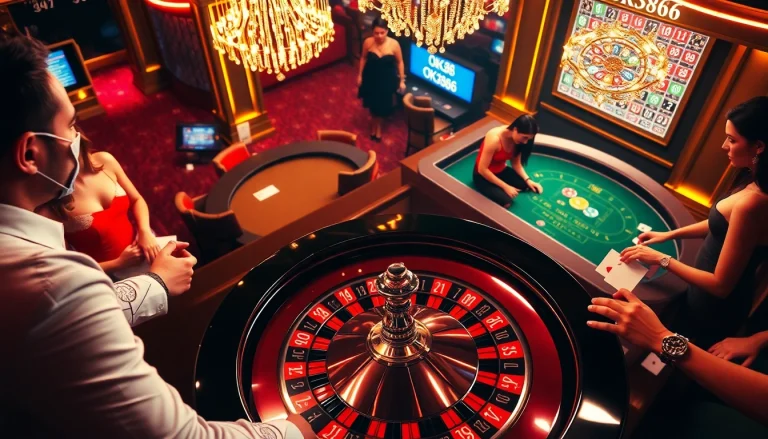 High-stakes action at the casino featuring OK8386 poker table with colorful chips and lighting.