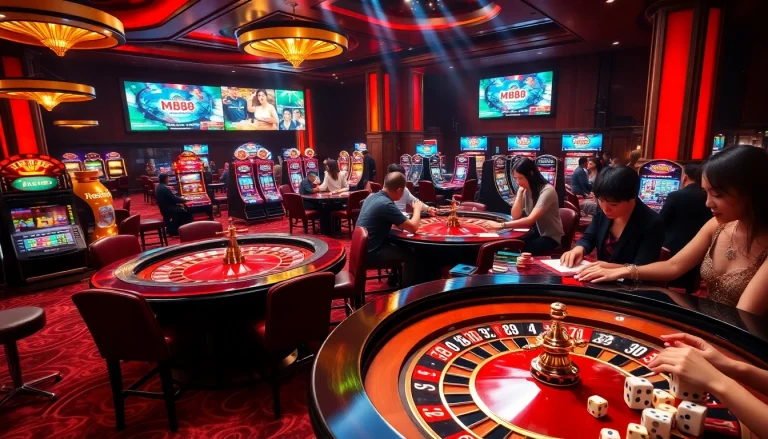 Gambler placing bets at MM88 casino tables with cards and chips amidst vibrant lights.