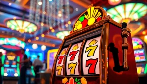 Slot Game menarik dengan mesin slot klasik dan simbol warna-warni di kasino.