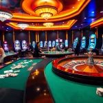 Engaged gamblers enjoying a vibrant casino experience at RR88 with roulette, poker chips, and slot machines.