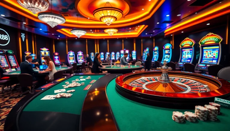 Engaged gamblers enjoying a vibrant casino experience at RR88 with roulette, poker chips, and slot machines.