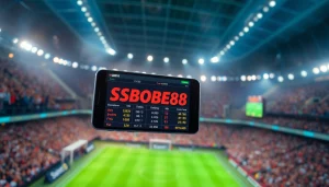 Mengakses SBOBET88 melalui smartphone di tengah atmosfer taruhan olahraga yang enerjik.