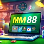 Exciting online gambling scene with MM88 interface, poker chips, and cards.