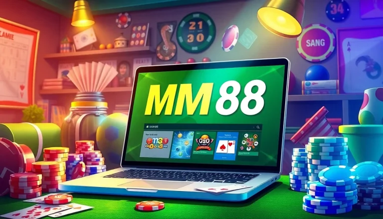 Exciting online gambling scene with MM88 interface, poker chips, and cards.