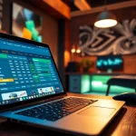 Engaging scene of online Betting on a sleek laptop within a stylish home office.