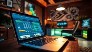 Engaging scene of online Betting on a sleek laptop within a stylish home office.