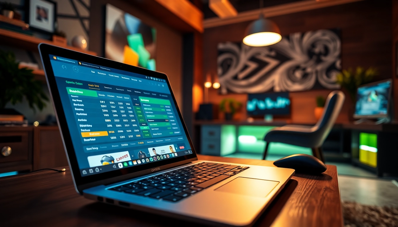 Engaging scene of online Betting on a sleek laptop within a stylish home office.