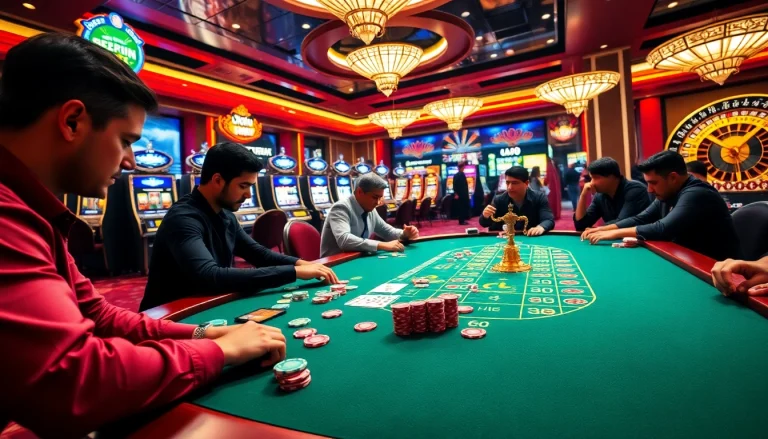 Engage in strategic poker gameplay at 79king's luxurious casino setting with colorful chips and cards.