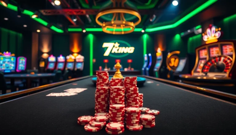 79king betting action at luxury poker table featuring cards, chips, and dice amid neon lights.