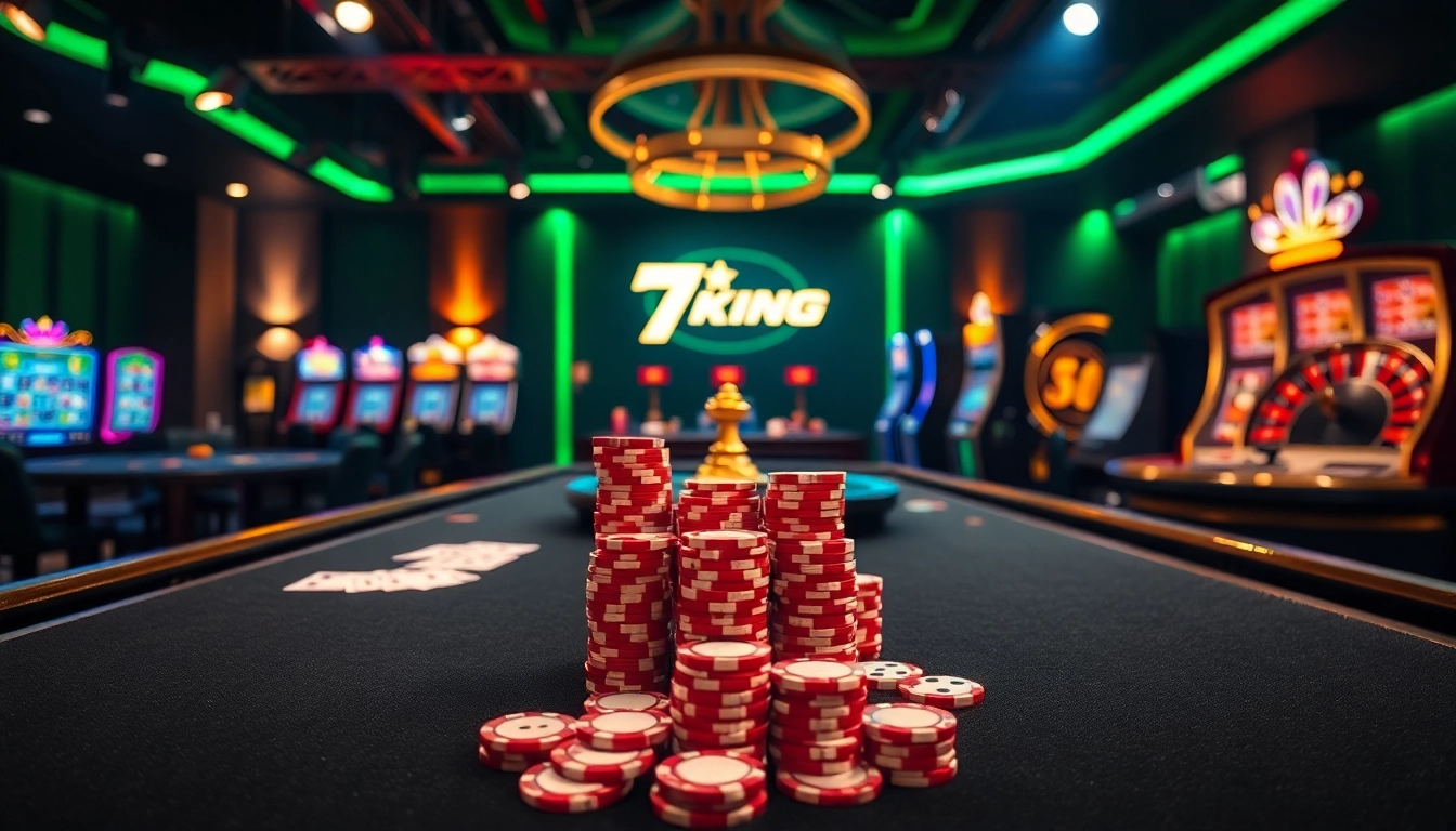 79king betting action at luxury poker table featuring cards, chips, and dice amid neon lights.