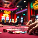 Casino players strategize over a poker table amidst vibrant gaming machines.