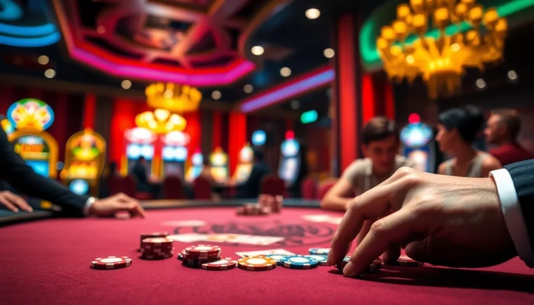 Casino players strategize over a poker table amidst vibrant gaming machines.
