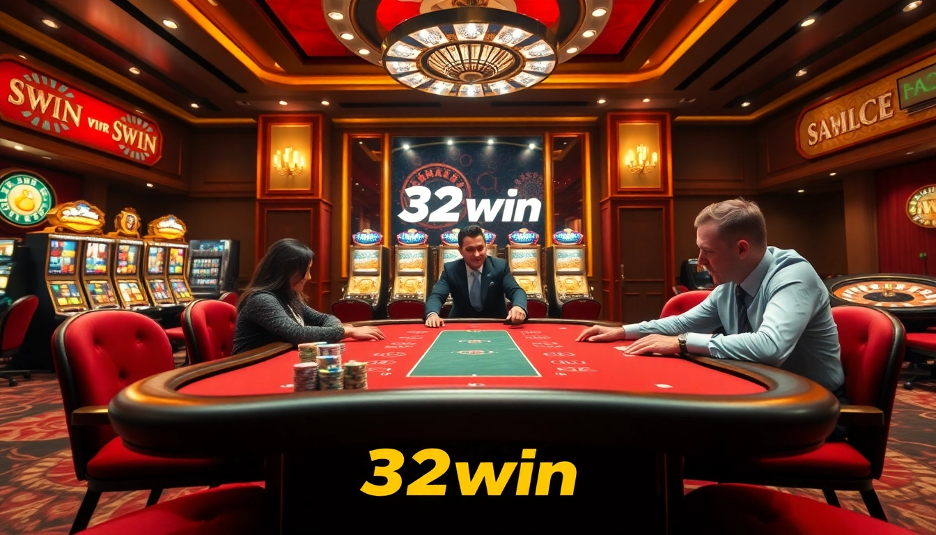 Players engaging in high-stakes poker at 32win’s luxurious casino setting.