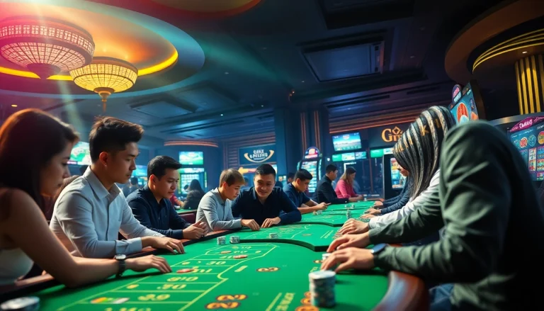 Engaged players enjoying a thrilling RR88 online gambling experience with vibrant casino elements.