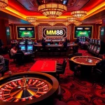 Experience excitement at MM88 with players at poker tables and a vibrant roulette wheel spinning.
