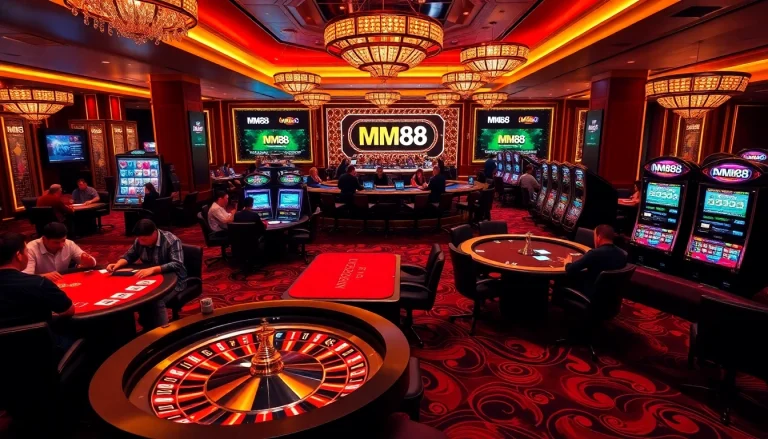 Experience excitement at MM88 with players at poker tables and a vibrant roulette wheel spinning.