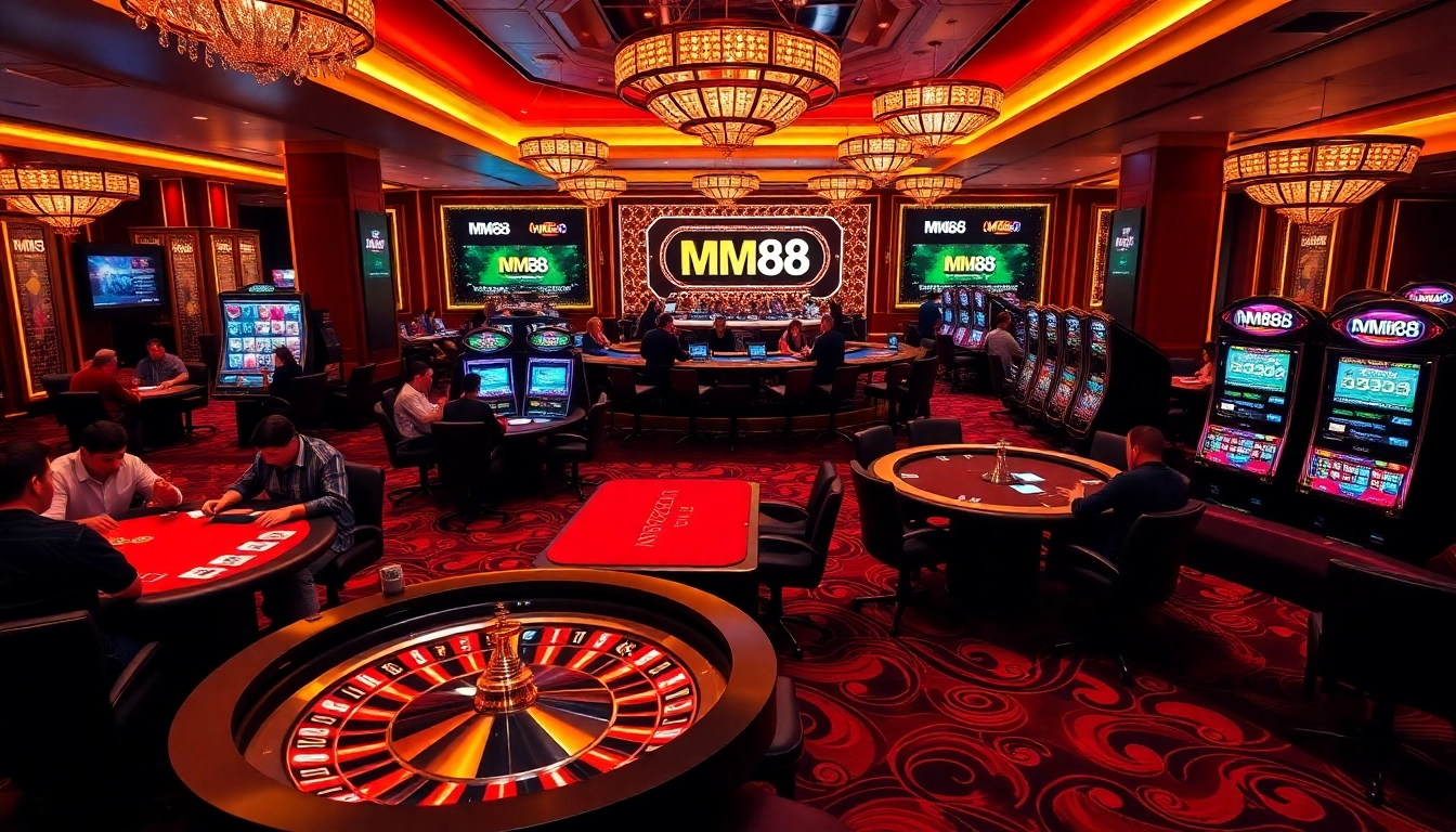 Experience excitement at MM88 with players at poker tables and a vibrant roulette wheel spinning.