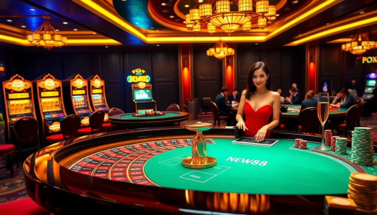 Experience the excitement of New88 with vibrant casino tables and immersive gaming atmosphere.
