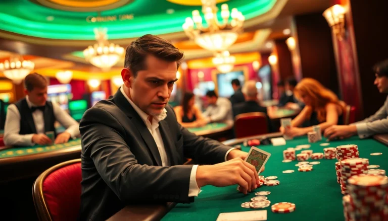 Engaging scene at a Blackjack Casino with players and dealer in action, highlighting the excitement of card games.