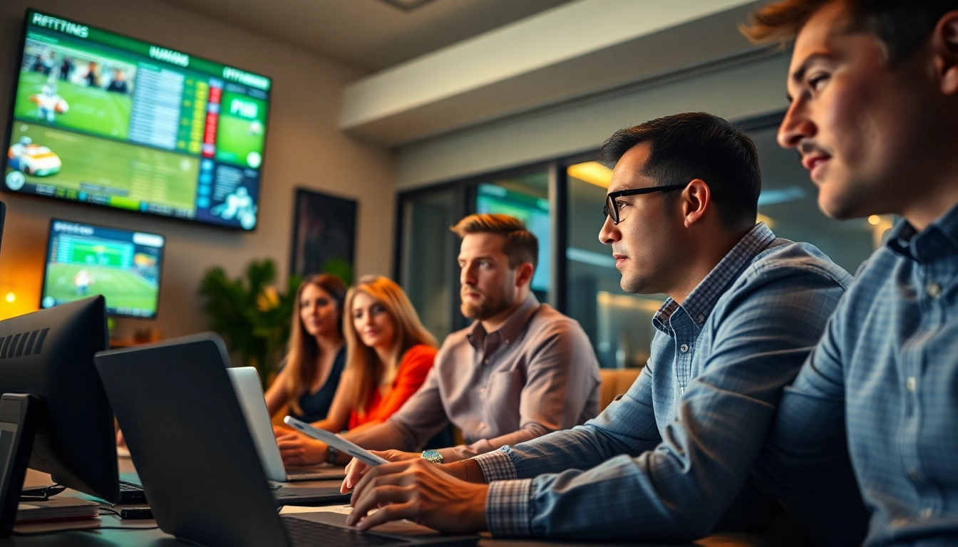 Engaging scene of online Betting with participants focused on sports betting in a home office.