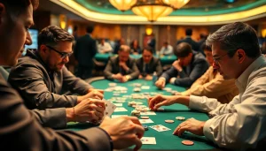 Participating in a competitive Poker Game with focused players at a casino table.