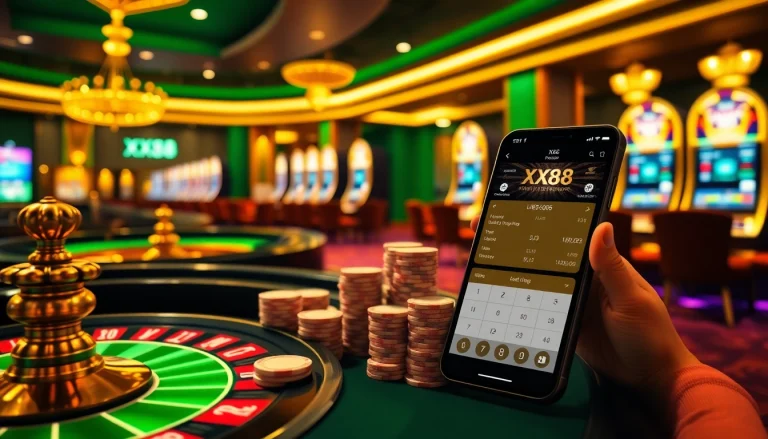 Experience thrilling gaming at XX88's vibrant casino tables with poker chips and roulette.