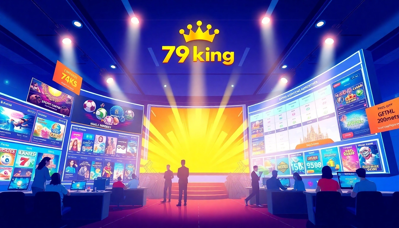 Dynamische Online-Glücksspielszene mit 79king, die lebendige Spiele und Werbeangebote präsentiert.