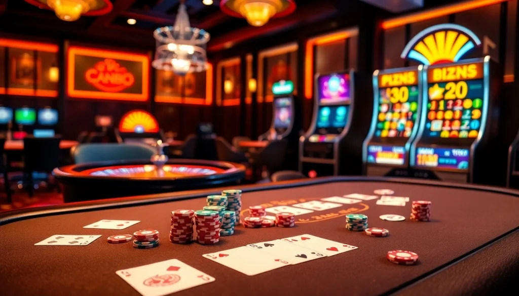 Experience thrilling gameplay at MM88 with vibrant casino visuals featuring poker tables and slot machines.