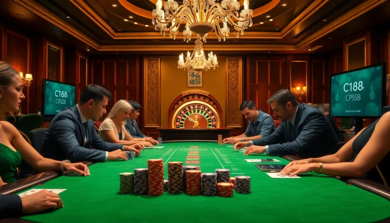 Engaging players at a C168-themed casino table during an exciting card game.