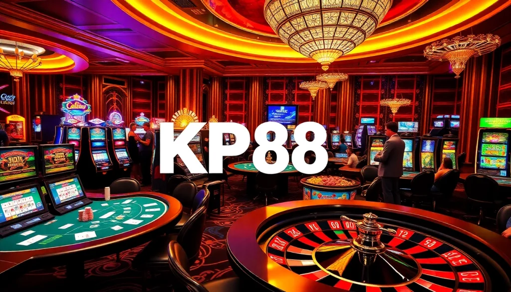 Players enjoying exciting games at KP88 casino, featuring vibrant slots and engaging poker tables.